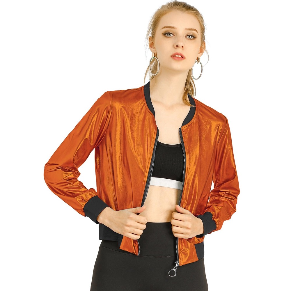 NWT Allegra K Women's Holographic Metallic Bomber Jacket Orange Small